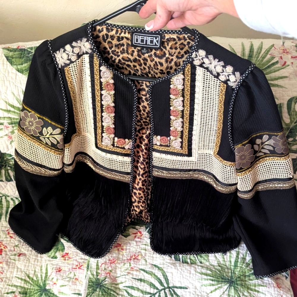 Gorgeous Vintage Embroidered Berek Black Blazer with Leopard Accents